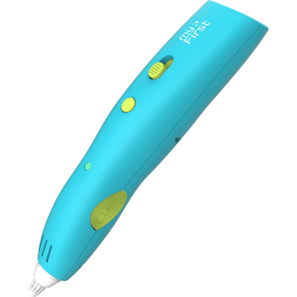 Una penna 3D turchese con controlli gialli e testo "my First".