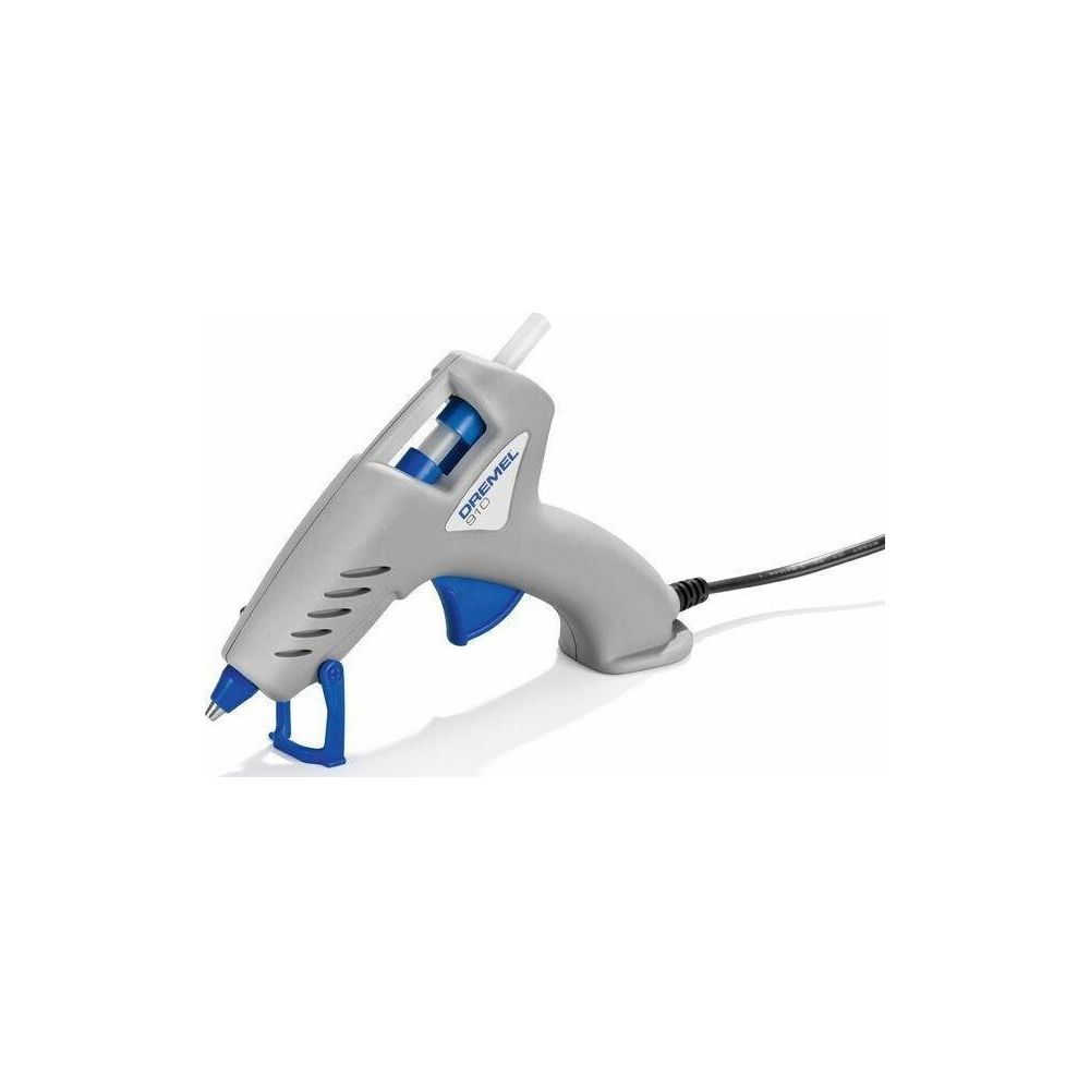 Grauer Dremel-Heißkleber mit blauem Abzug und schwarzem Kabel.