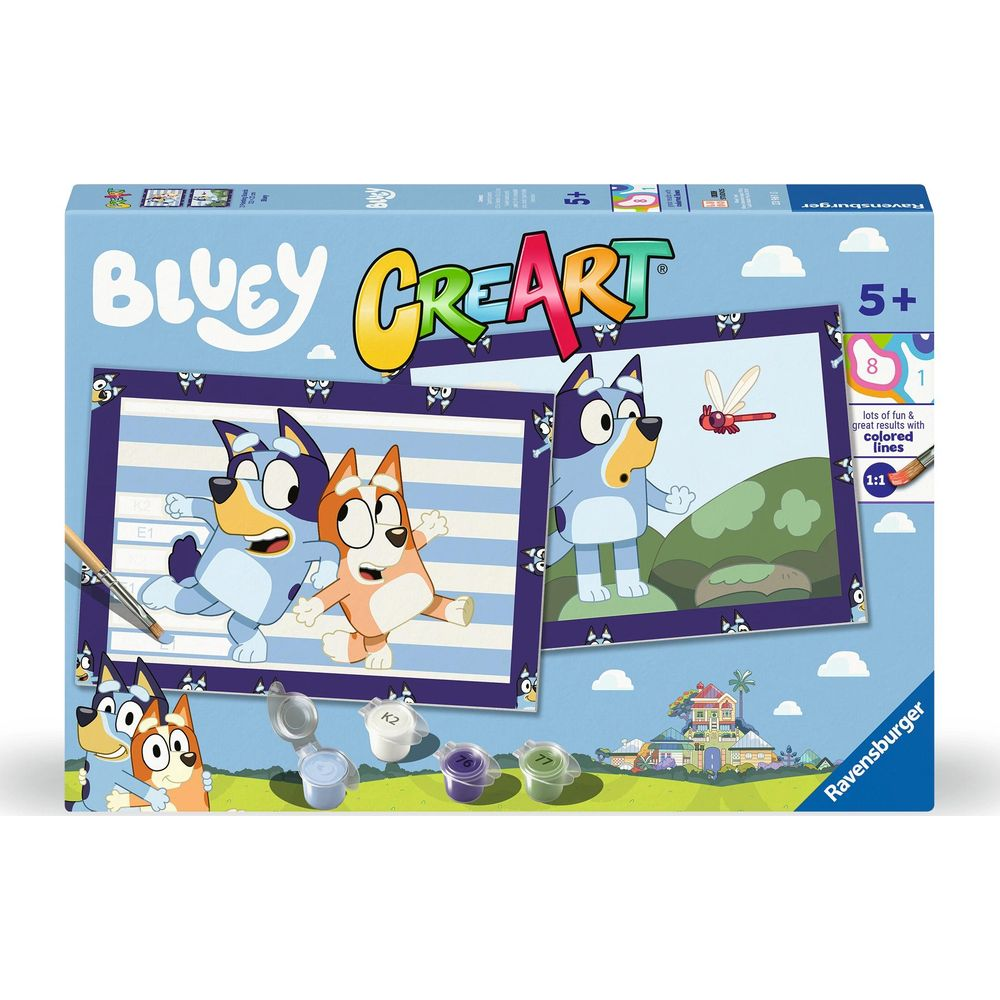 Set de pintura Bluey Creart con botes de pintura y pincel, muestra personajes y paisaje.