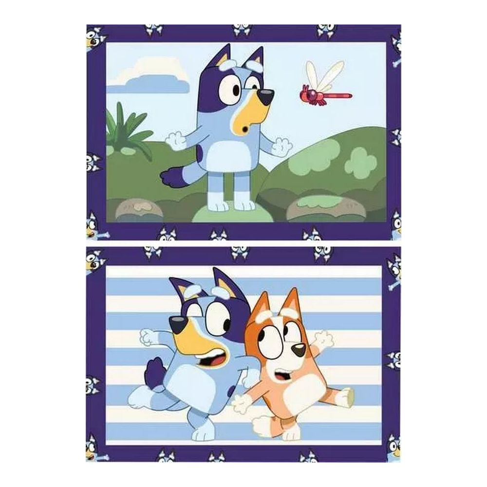 Dos imágenes de personajes de Bluey. Arriba, Bluey está ante una colina mirando una libélula.