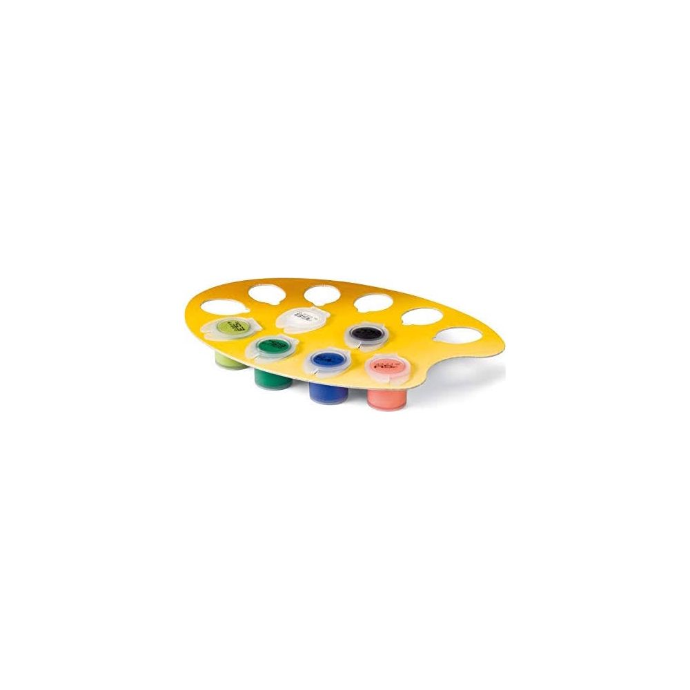 Paleta de artista amarilla con pequeños botes de pintura redondos de varios colores.