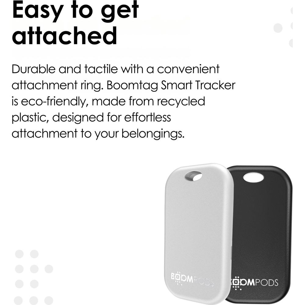 Due tracker intelligenti Boomtag, uno bianco, uno nero, con anelli.