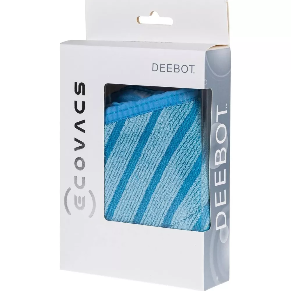 Ein blauer, gestreifter Stoff in einer weißen Verpackung mit dem Logo 'ECOVACS DEEBOT'.