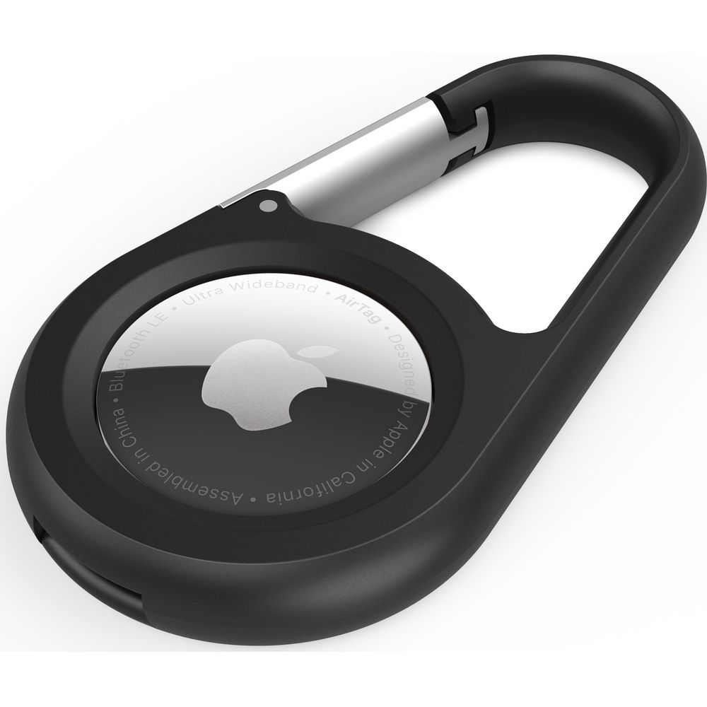 Apple AirTag nero con anello argentato, isolato su sfondo bianco.