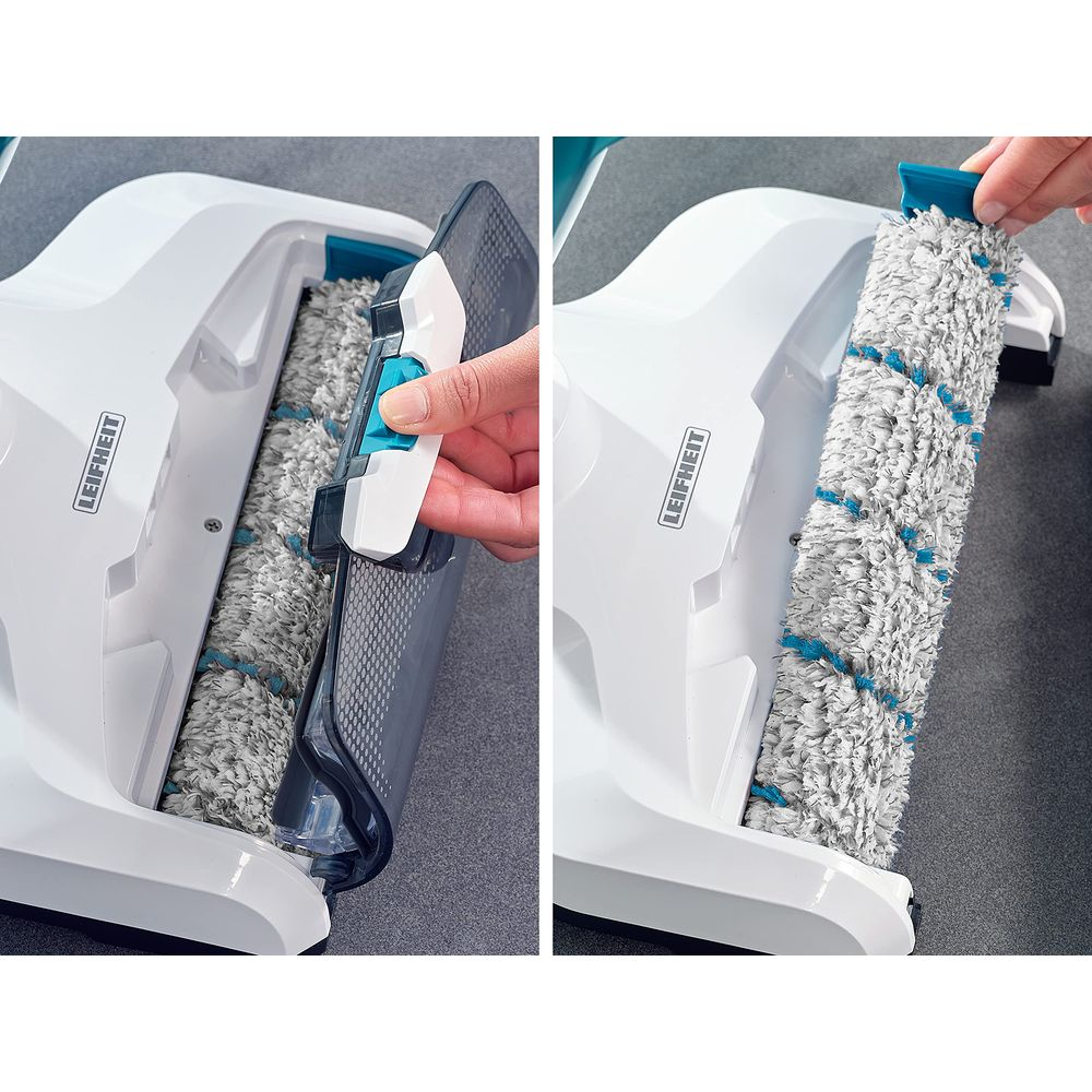 Biały mop z niebieskimi paskami jest wyjmowany.