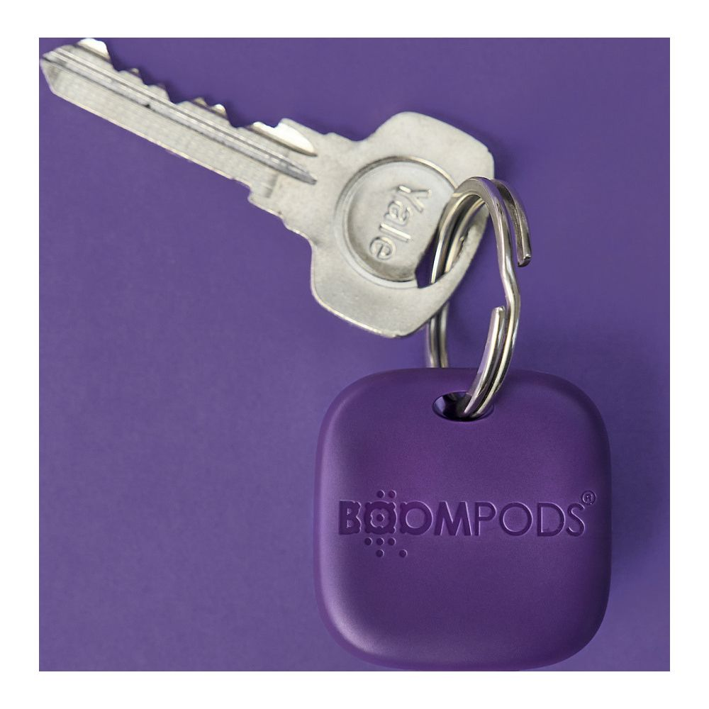 Una chiave argentata e un ciondolo viola con il logo 