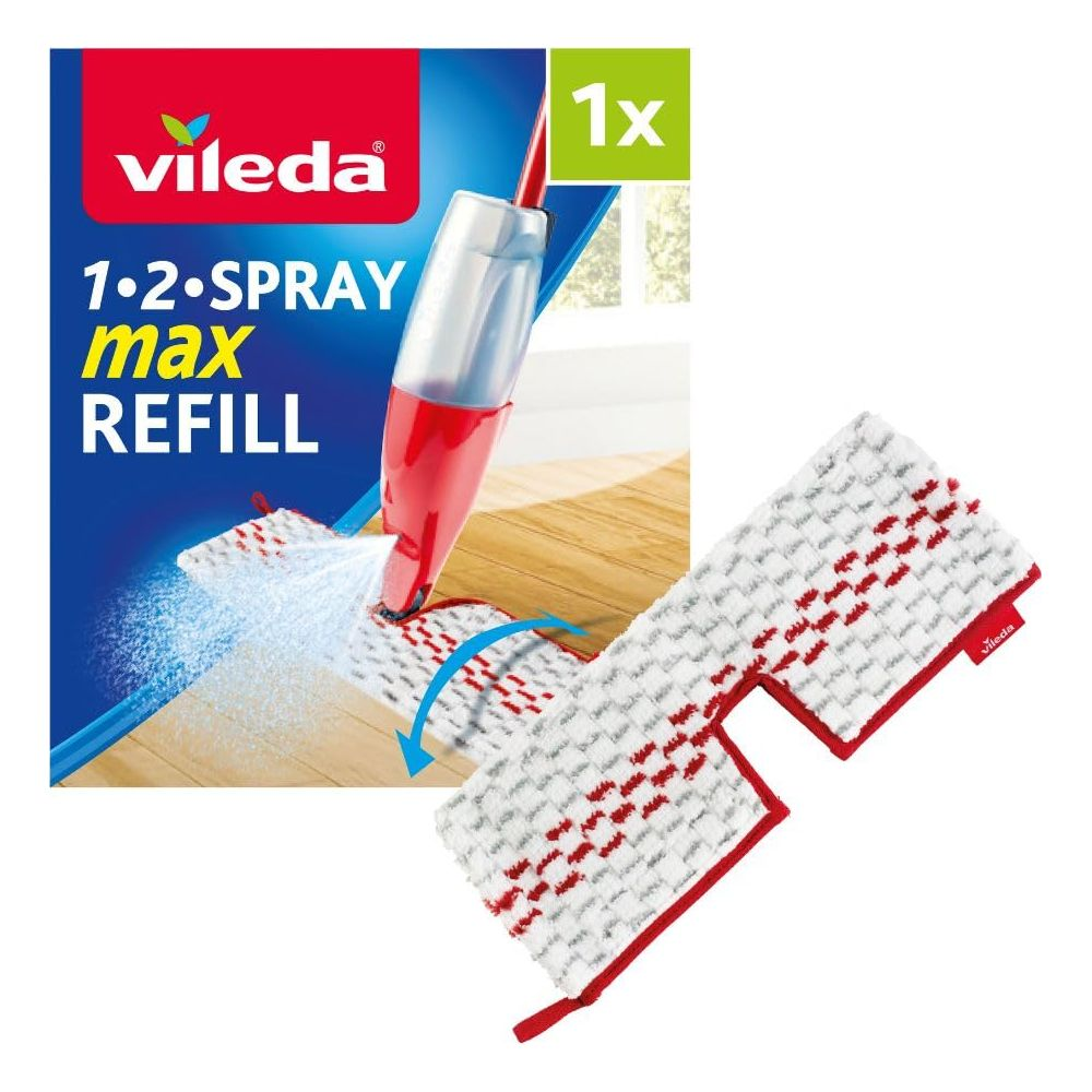 Ricambio Vileda spray mop con manico rosso e panno bianco.