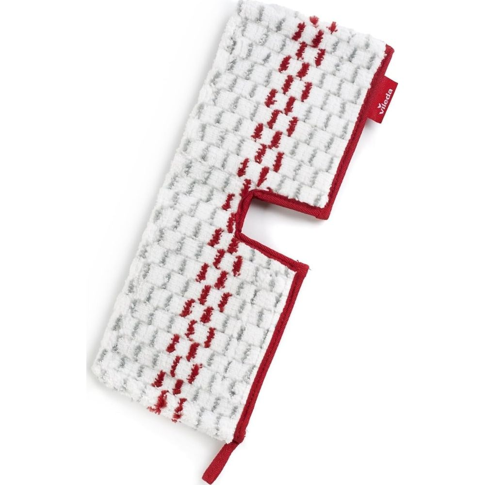 Un panno mocio bianco con strisce rosse e bordo rosso, logo Vileda.