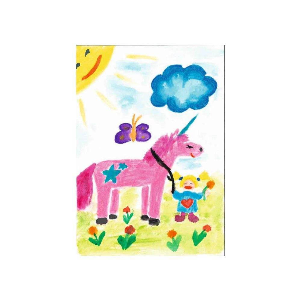 Ein rosafarbenes Einhorn mit einem blauem Stern, ein kleines Mädchen, Schmetterling, Sonne, Wolke.