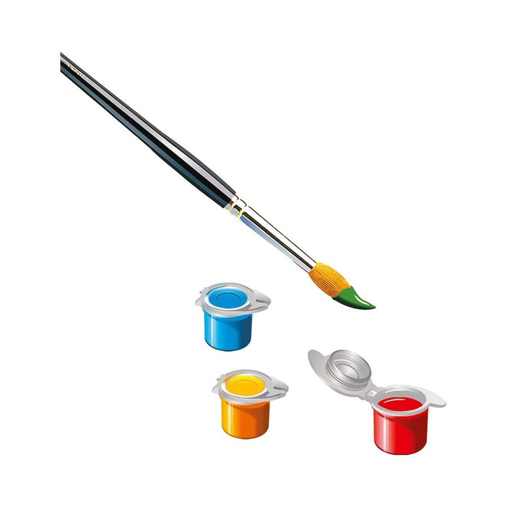 Un pincel con punta verde sobre tres recipientes de pintura abiertos: azul, naranja y rojo.