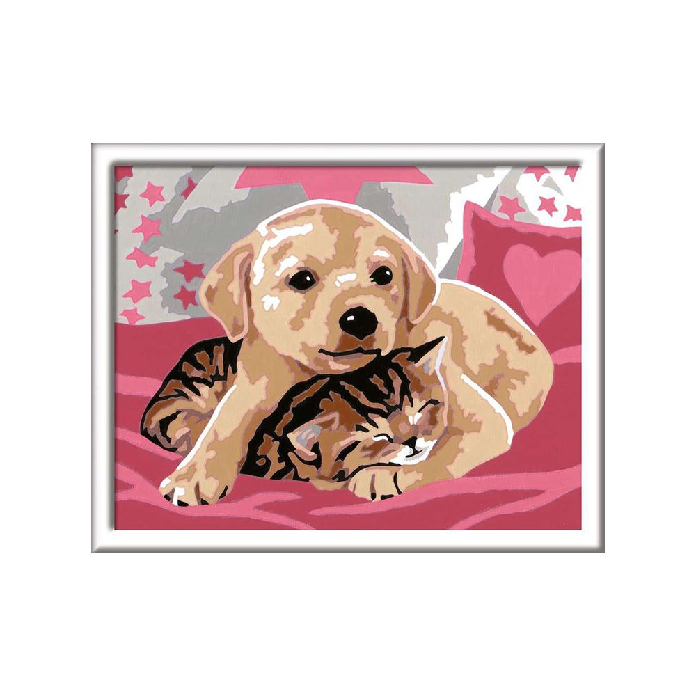 Un cachorro dorado yace sobre un gato en una cama roja con estrellas.
