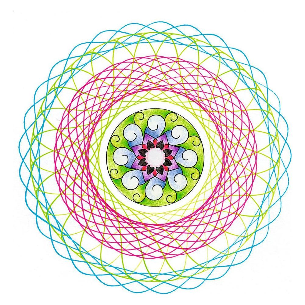 Konzentrische Kreise aus blauen, rosa und grünen Linien bilden ein Mandala-Muster um eine zentrale Blume.