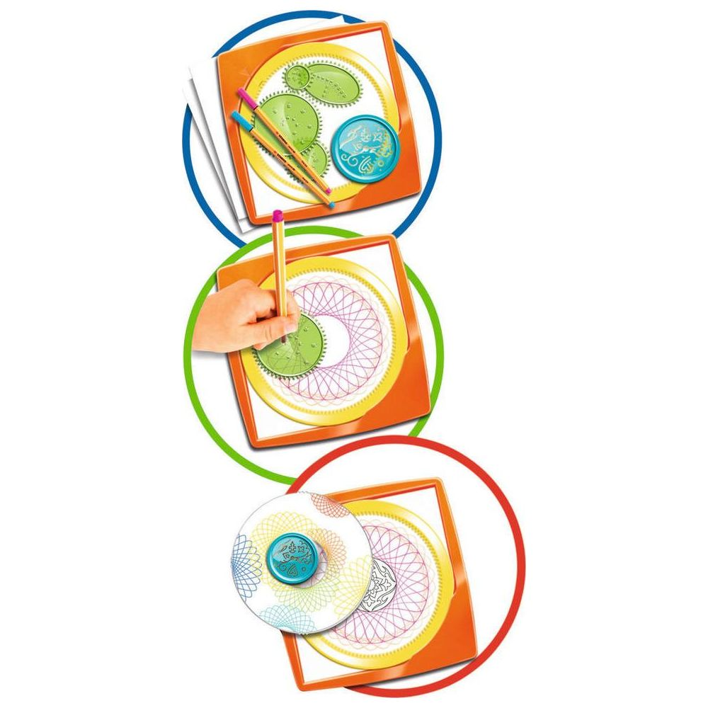 Schritt-für-Schritt-Anleitung zum Zeichnen von Mustern mit einem Spirographen-Spielzeug.