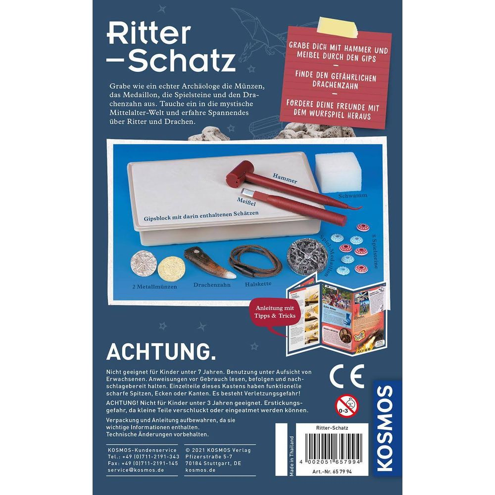Ritter-Schatz Ausgrabungsset mit Hammer, Meißel, Gipsblock, Münzen, Drachenzahn, Halskette.