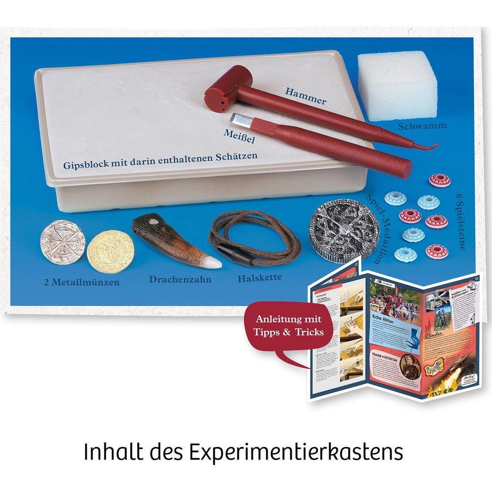 Experimentierkasten mit Hammer, Meißel, Gipsblock, Schmuck und Anleitung.