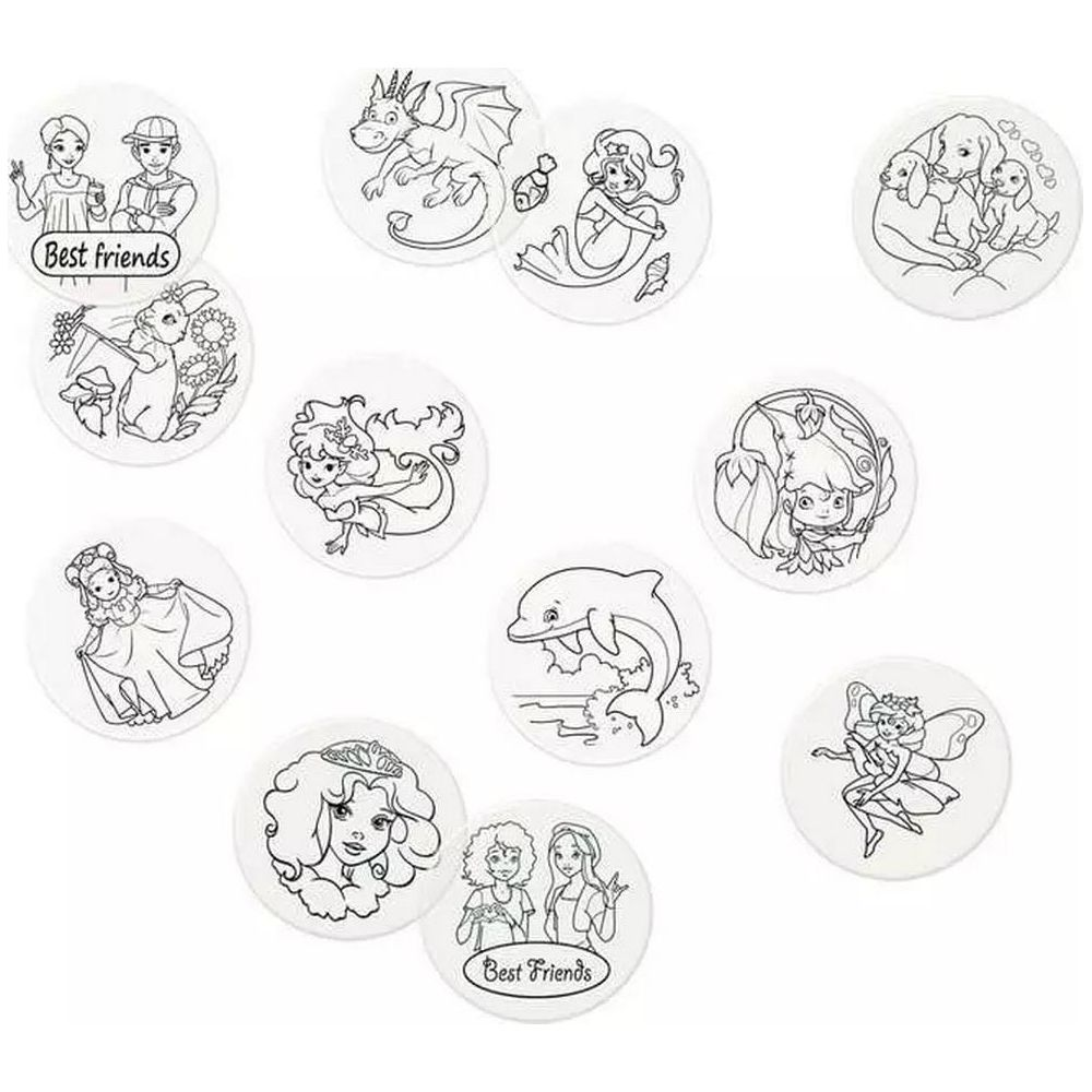 Rysunki liniowe smoka, syren, psów, księżniczek, delfinów, wróżek i dzieci.