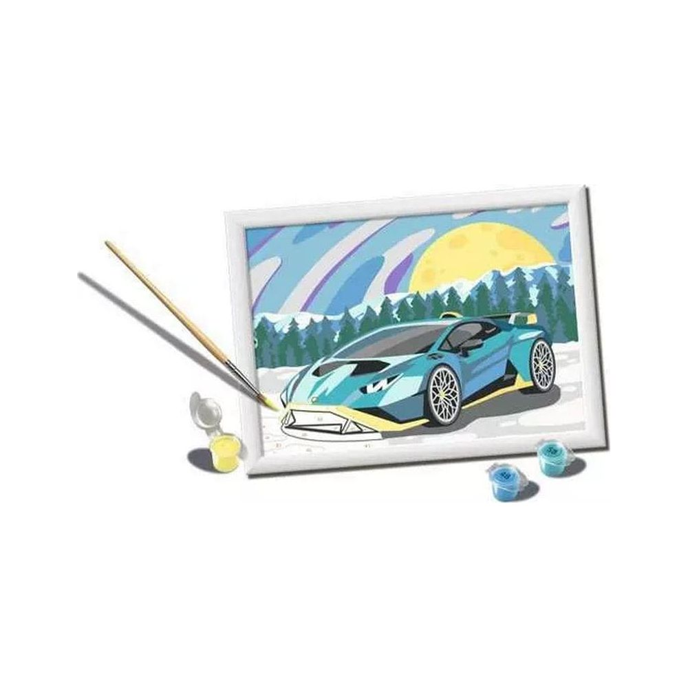Kit pittura per numeri: Auto sportiva blu con accenti gialli in un bosco innevato e sole.
