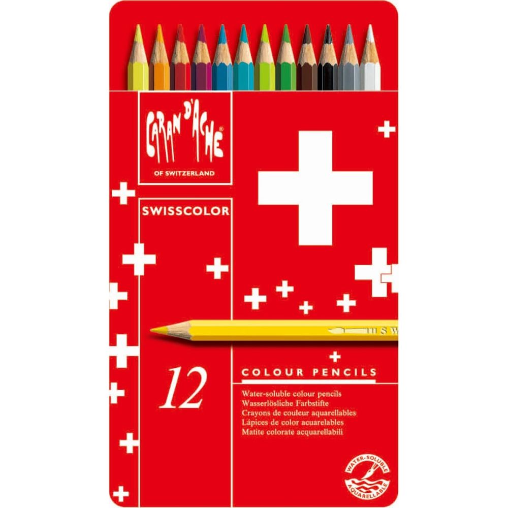 Confezione da 12 matite acquerellabili CARAN d'ACHE SWISSCOLOR su sfondo rosso con croce svizzera.