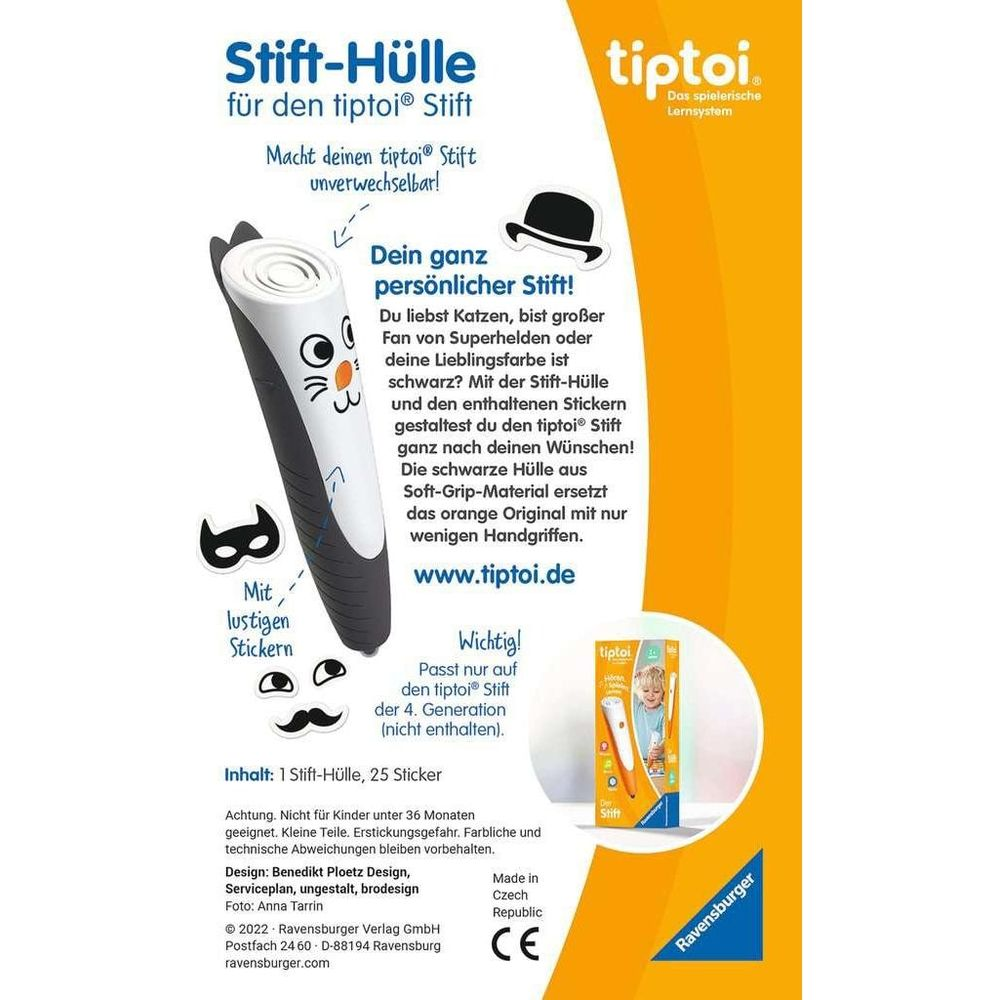 Verpackung für tiptoi Stifthülle mit Stickern. Zeigt Stift und Zubehör.