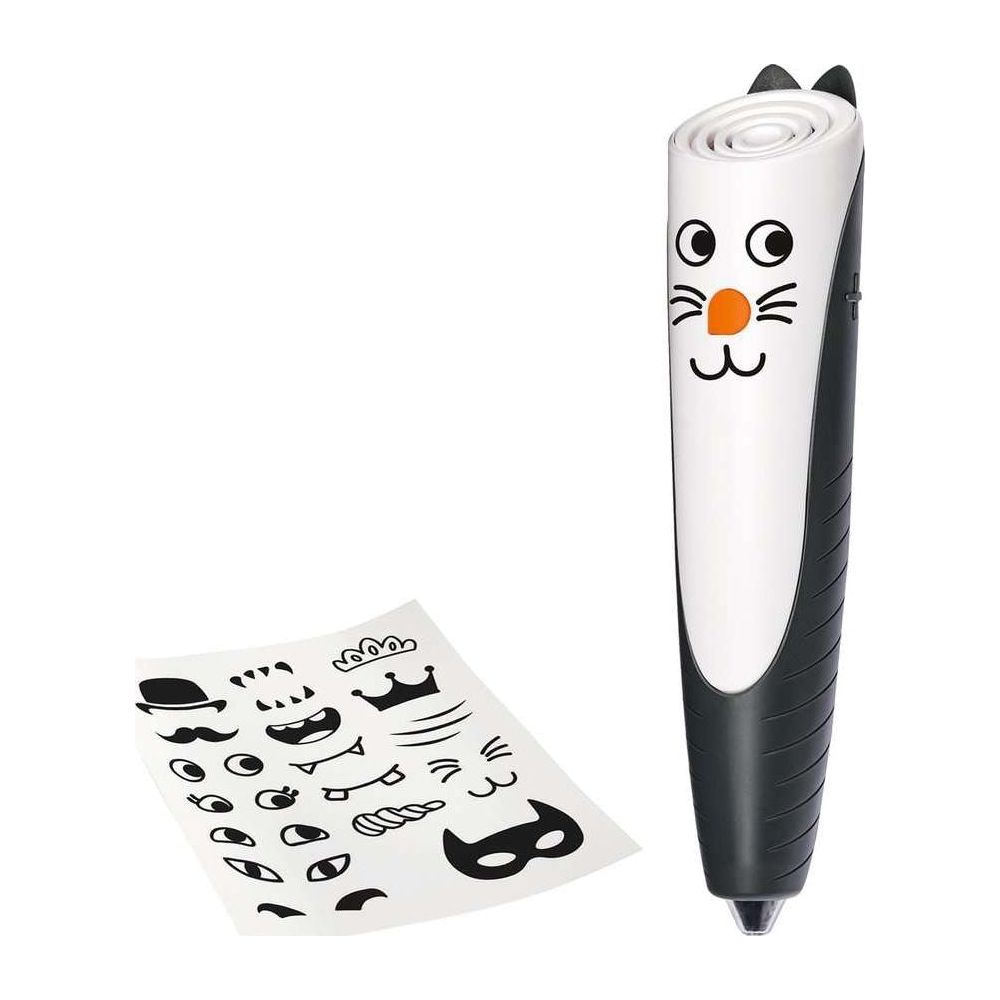 Ein Stift mit Katzenmotiv und Aufkleberbogen mit Gesichtsmerkmalen.