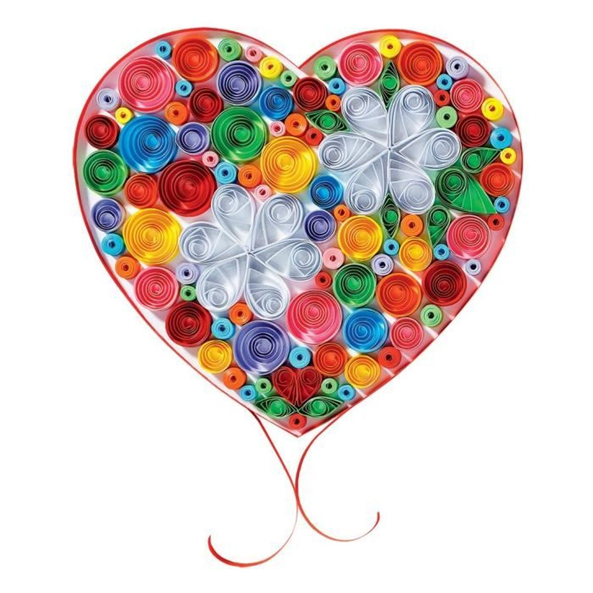 Arte quilling a forma di cuore con rotoli colorati e fiori bianchi.