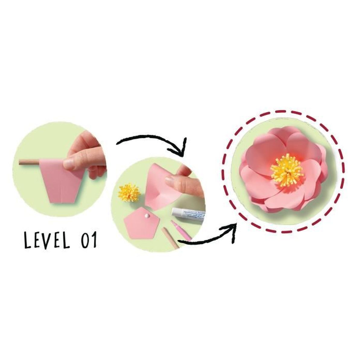 Guida passo passo per creare un fiore di carta rosa.