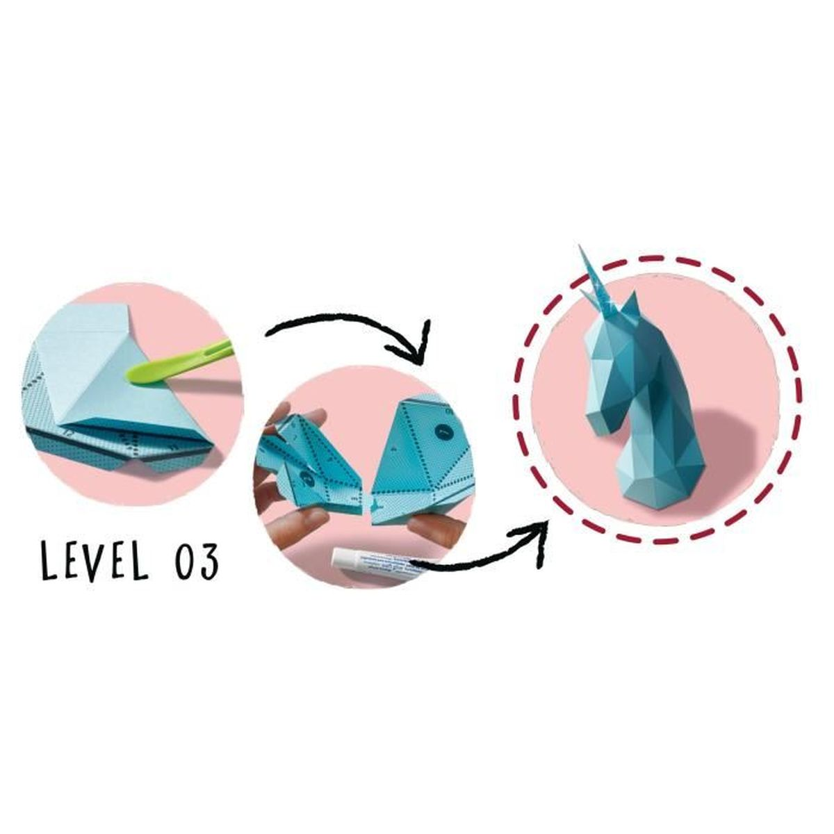 Guida passo passo per creare una testa di unicorno blu di carta. Livello 03.