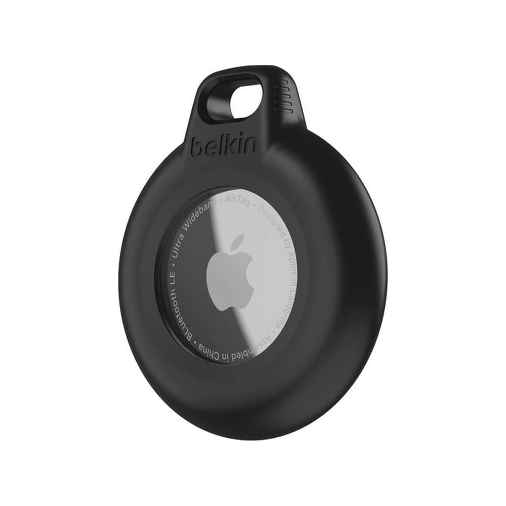 Porta AirTag Belkin nero con logo Apple e testo.