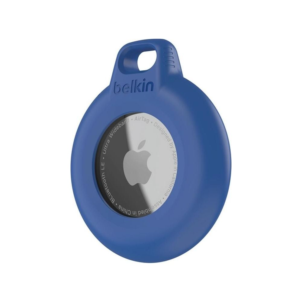 Un supporto Belkin AirTag blu con logo Apple al centro.