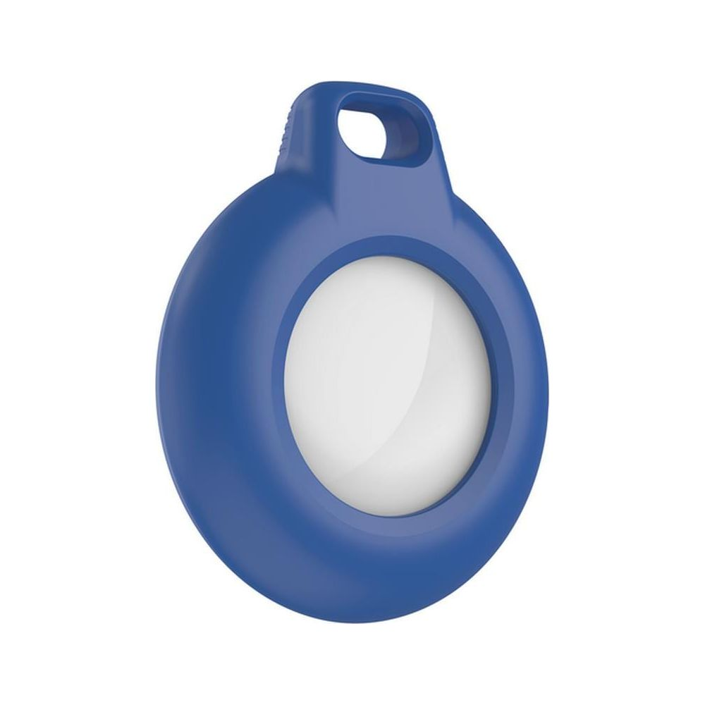 Un portachiavi protettivo blu con inserto bianco rotondo e foro in alto.