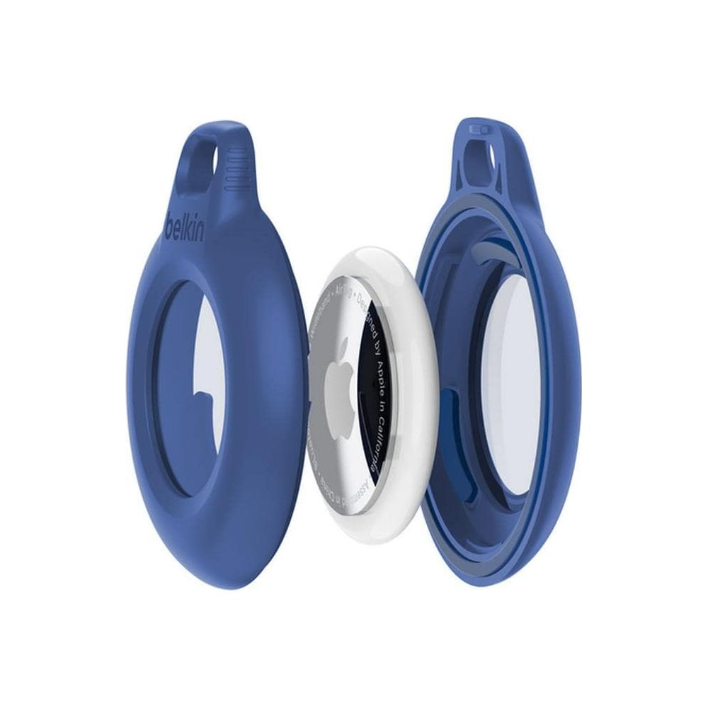 Custodia blu Belkin con Apple AirTag al centro.