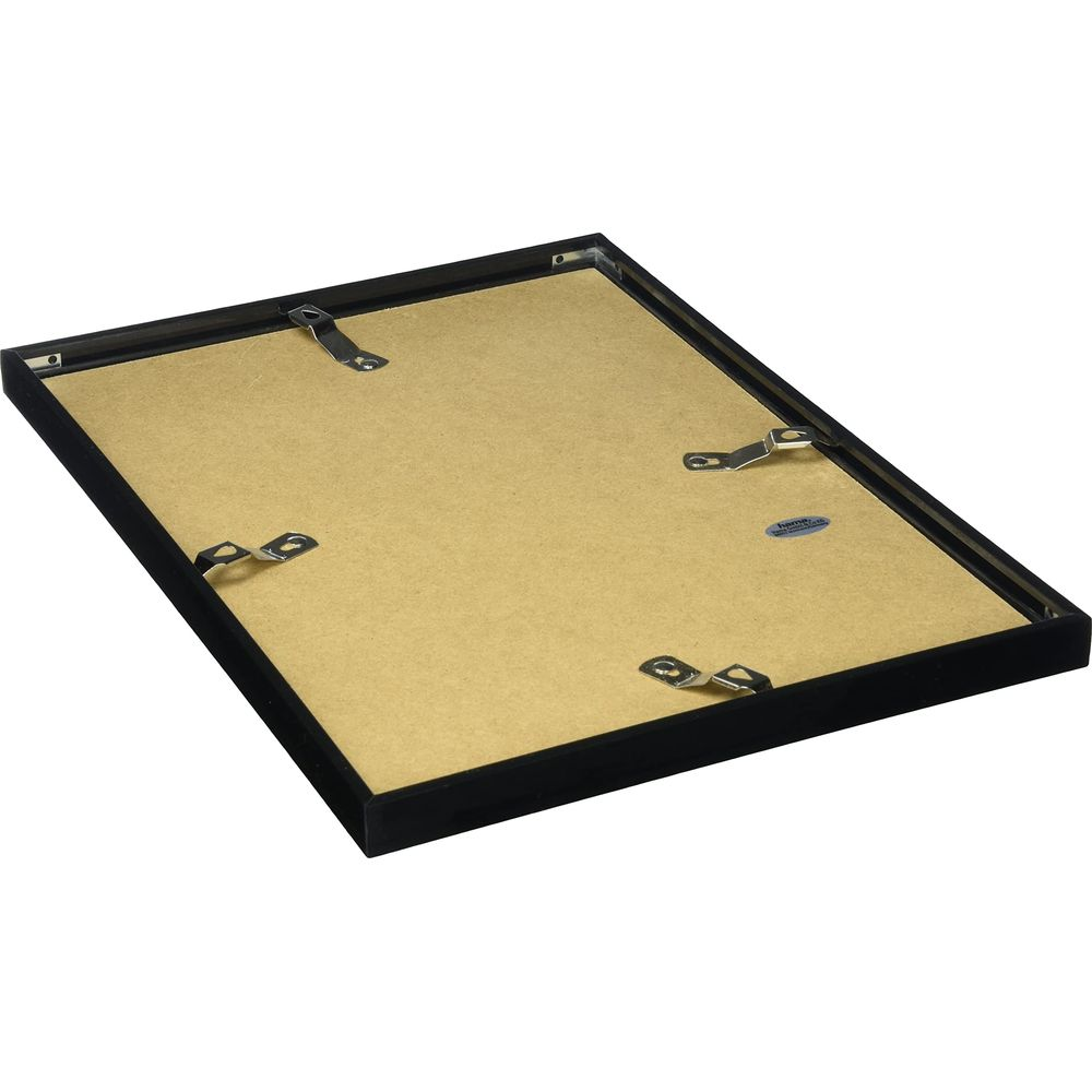 Tył czarnej ramki na zdjęcia z brązową płytą tylną i metalowymi klipsami.