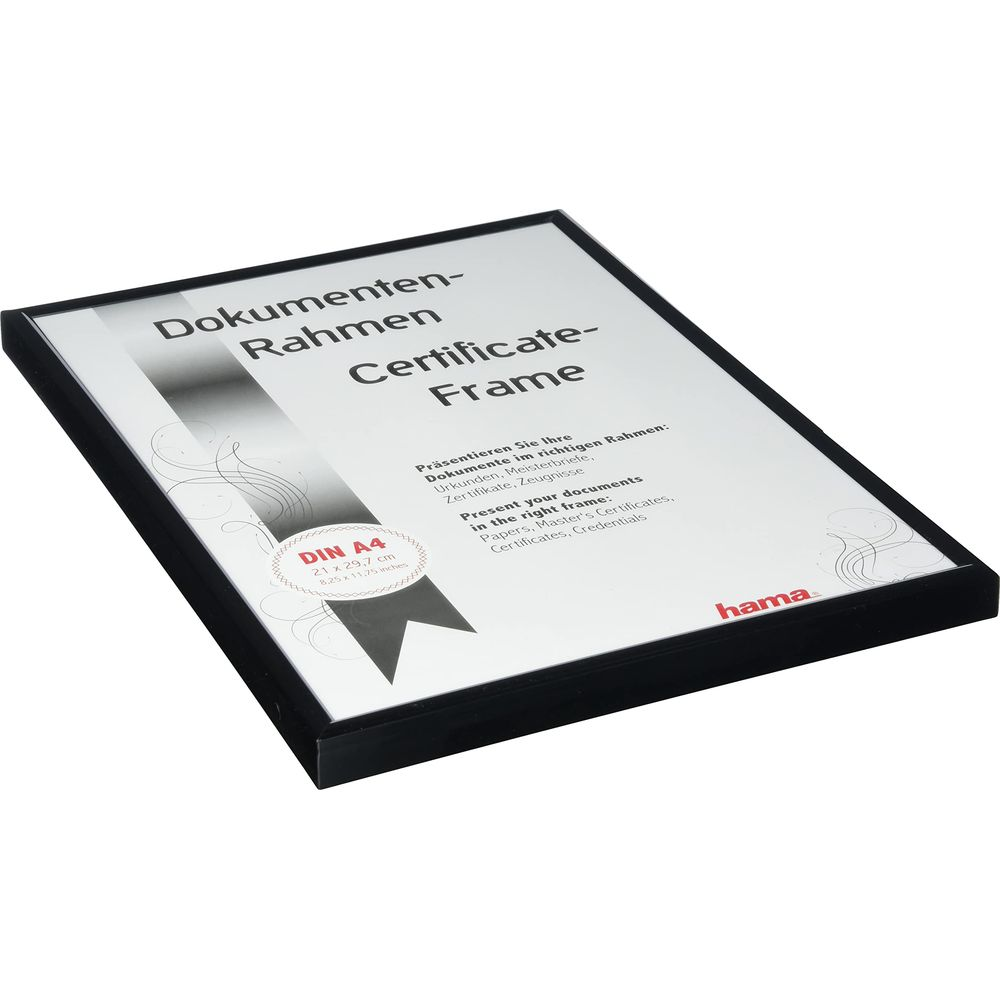 Czarna ramka na certyfikaty w pionie z napisem 'Dokumenten Rahmen' i logo Hama.
