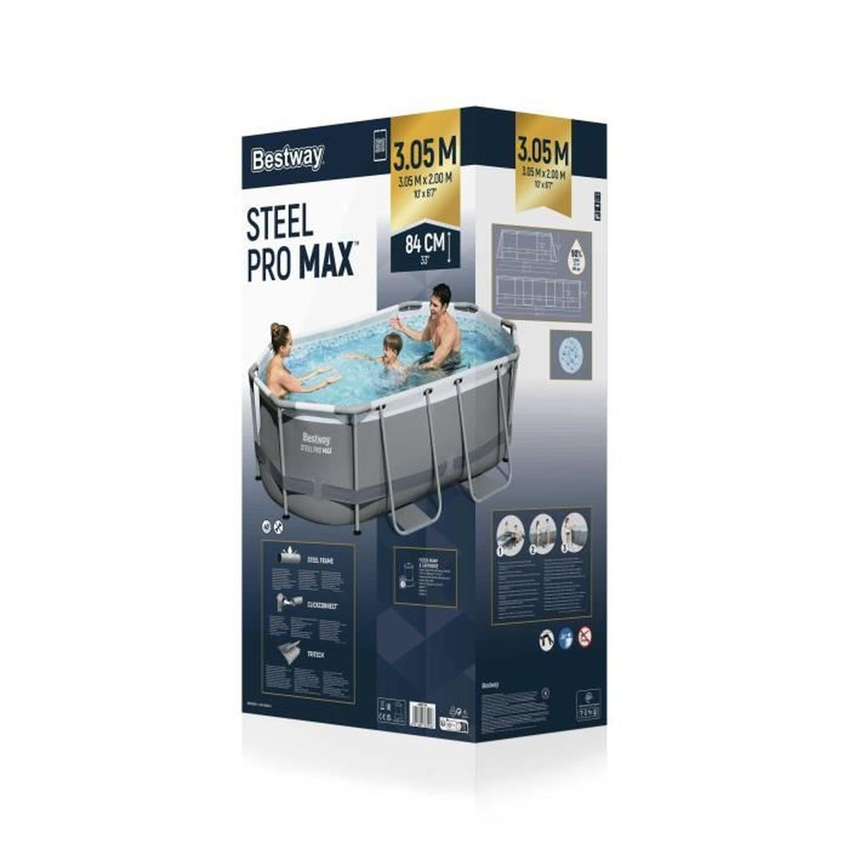 Basen Bestway Steel Pro Max: Rodzina pluska się w prostokątnym basenie. Wymiary 3.05m, wysokość 84cm.
