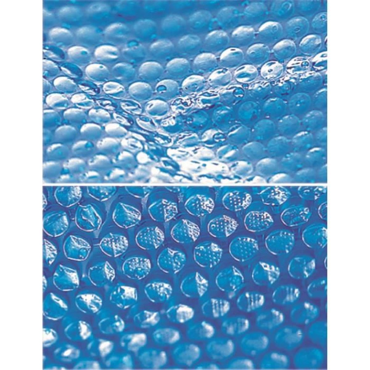 Nahaufnahme einer blauen Blasenfolie mit Wasserreflexionen.