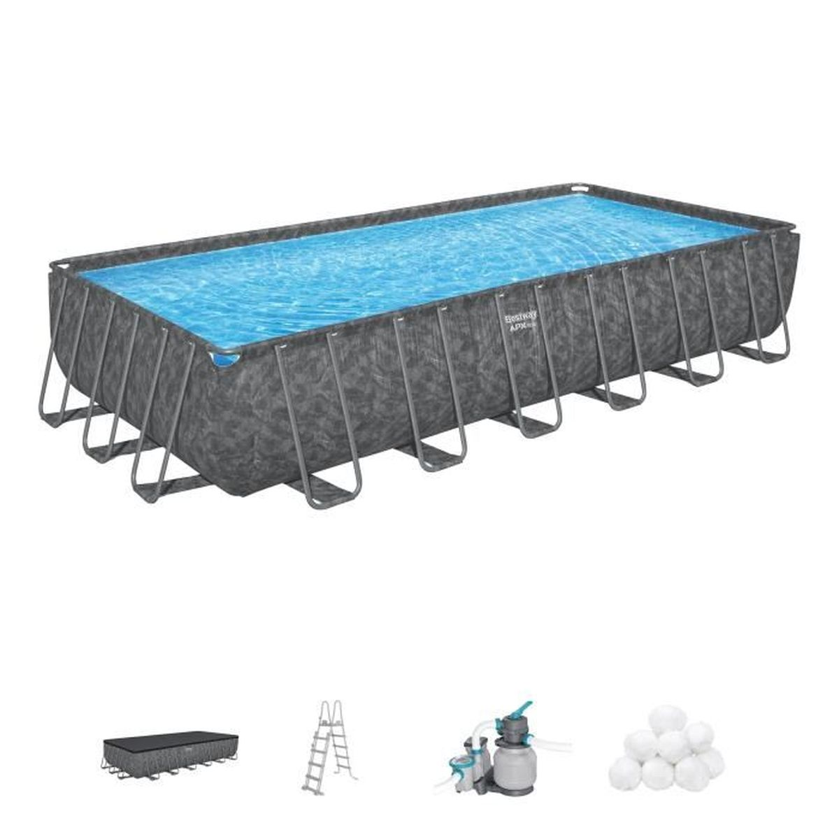 Piscina rettangolare con struttura in metallo e acqua blu. Accessori inclusi.