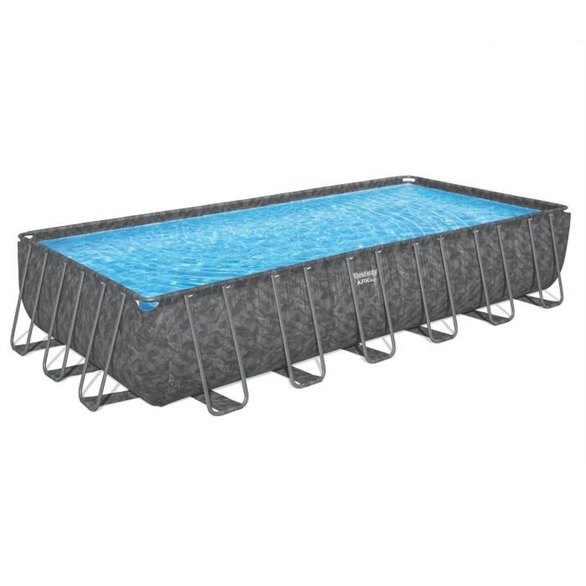 Piscina rettangolare con telaio grigio e acqua blu.