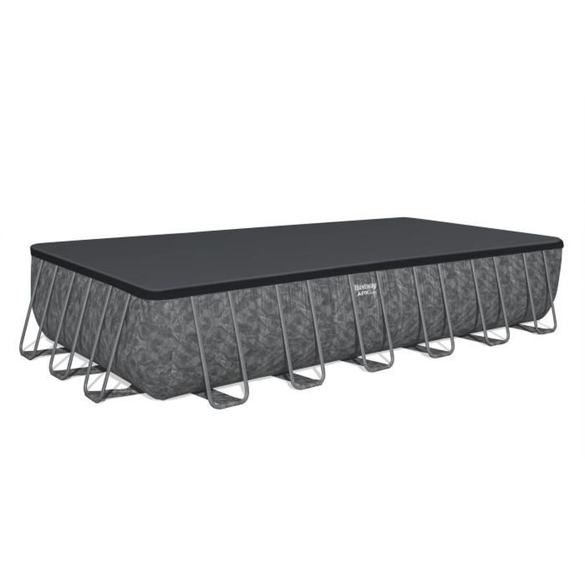 Piscina rettangolare grigia con telaio in metallo argentato e copertura nera.