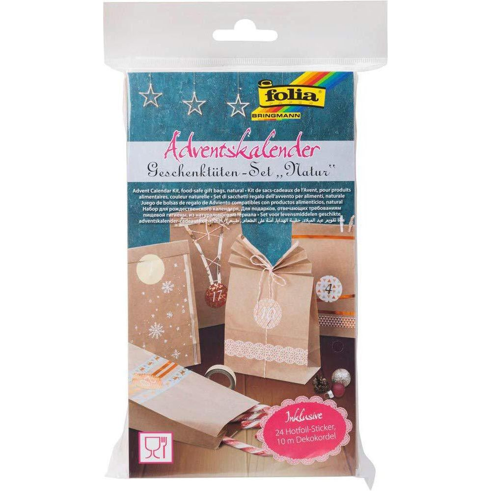 Adventskalender-Set mit Geschenktüten und Aufklebern in natürlicher Optik.