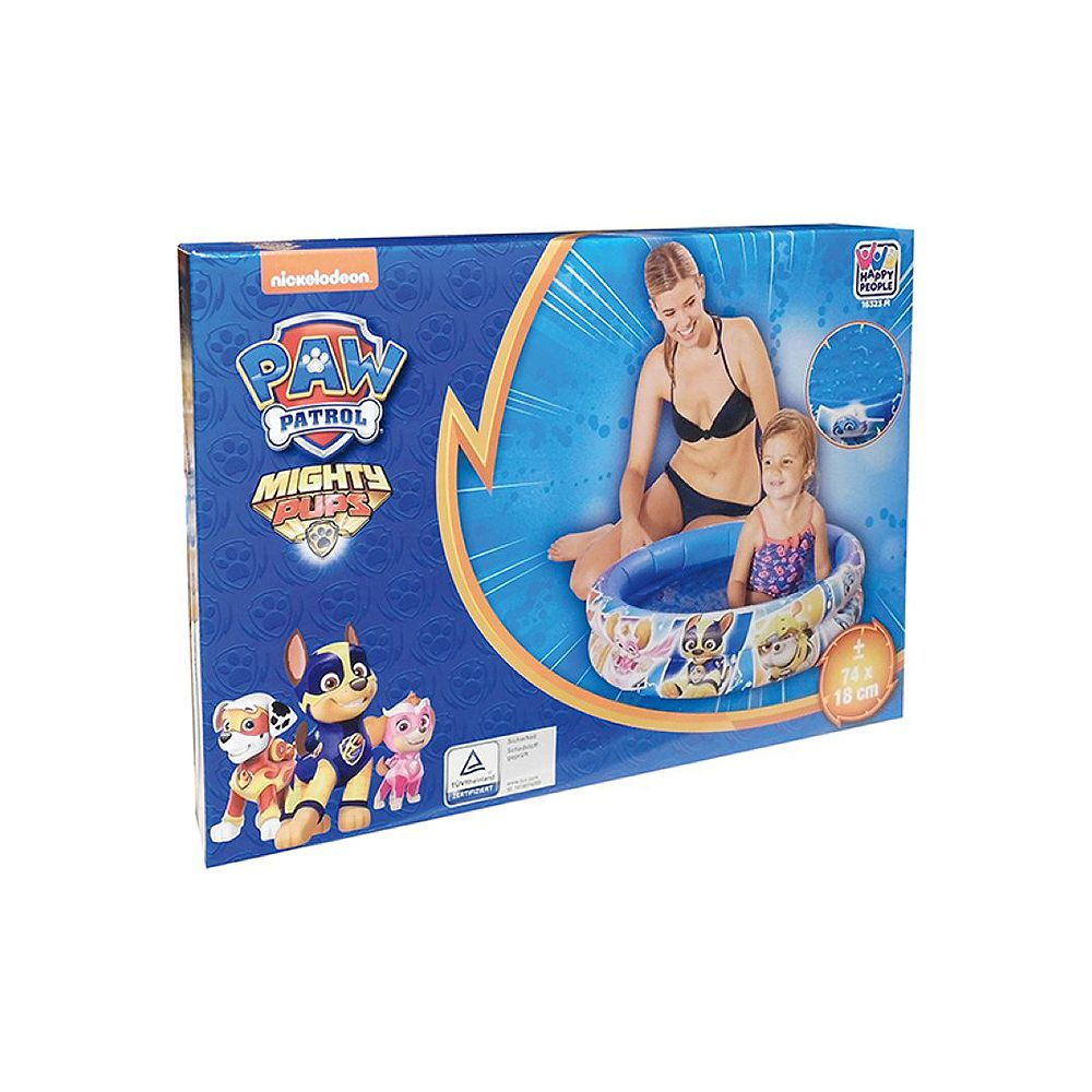 Scatola piscina gonfiabile Paw Patrol: donna e bambino che sguazzano. Include figure giocattolo.