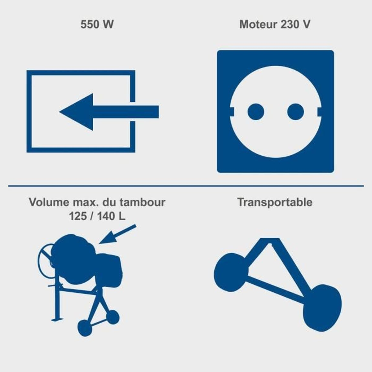 Specifiche: 550W, motore 230V, capacità 125/140L, trasportabile.