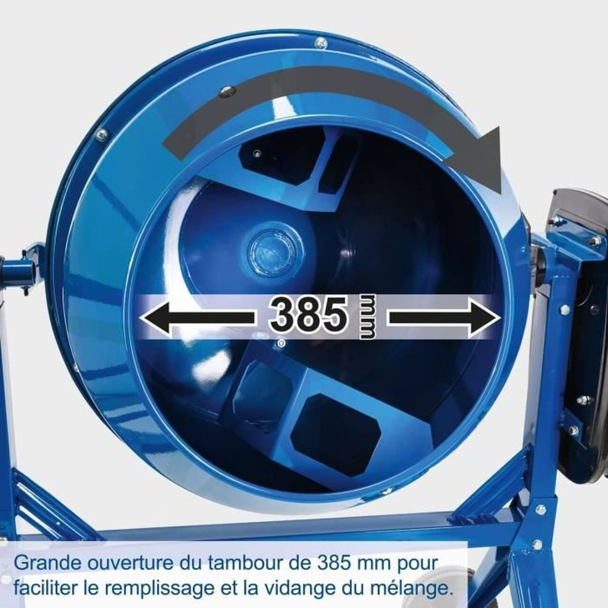 Betoniera blu con apertura tamburo 385 mm, con frecce e misurazione.