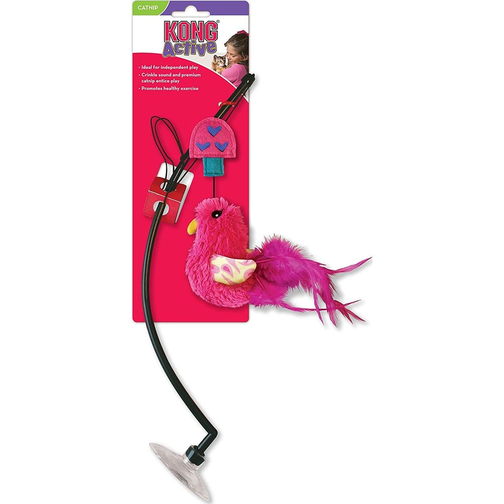 Un giocattolo a forma di uccello rosa con piume su un palo con ventosa.
