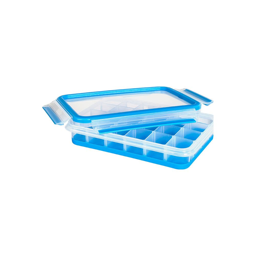 Blauer Eiswürfelbehälter mit 16 Fächern und transparentem Deckel.
