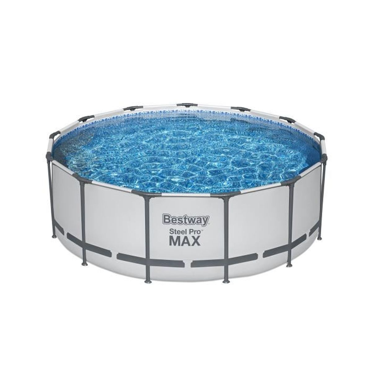 Okrągły basen Bestway Steel Pro MAX z niebieską wodą i białym stelażem.
