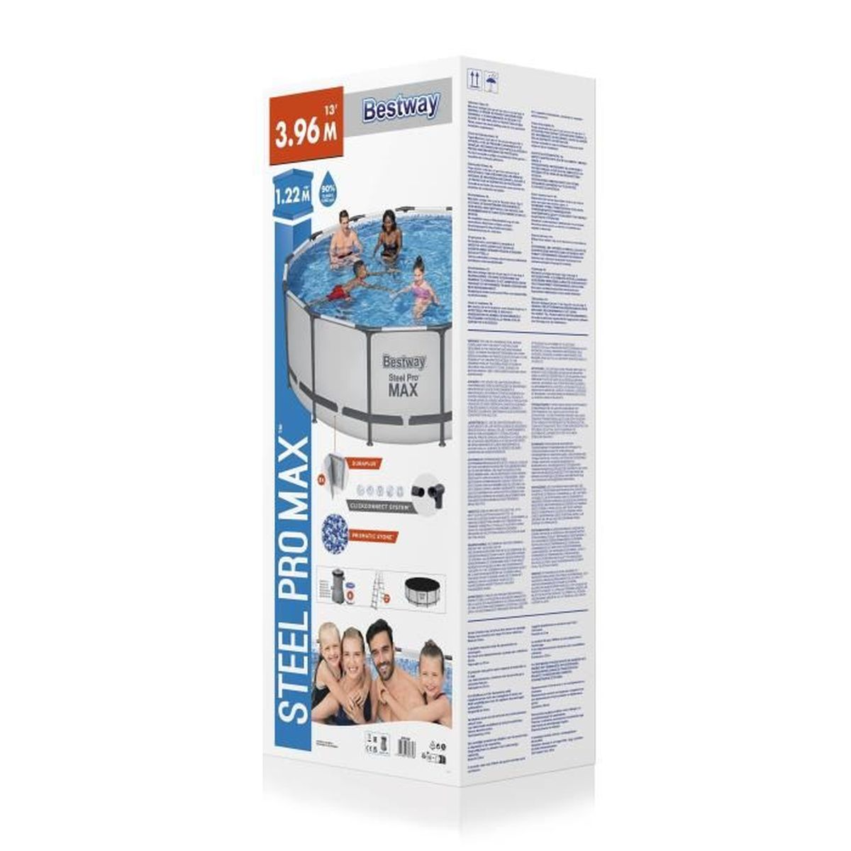 Pudełko okrągłego basenu Bestway Steel Pro MAX z rodziną w wodzie.