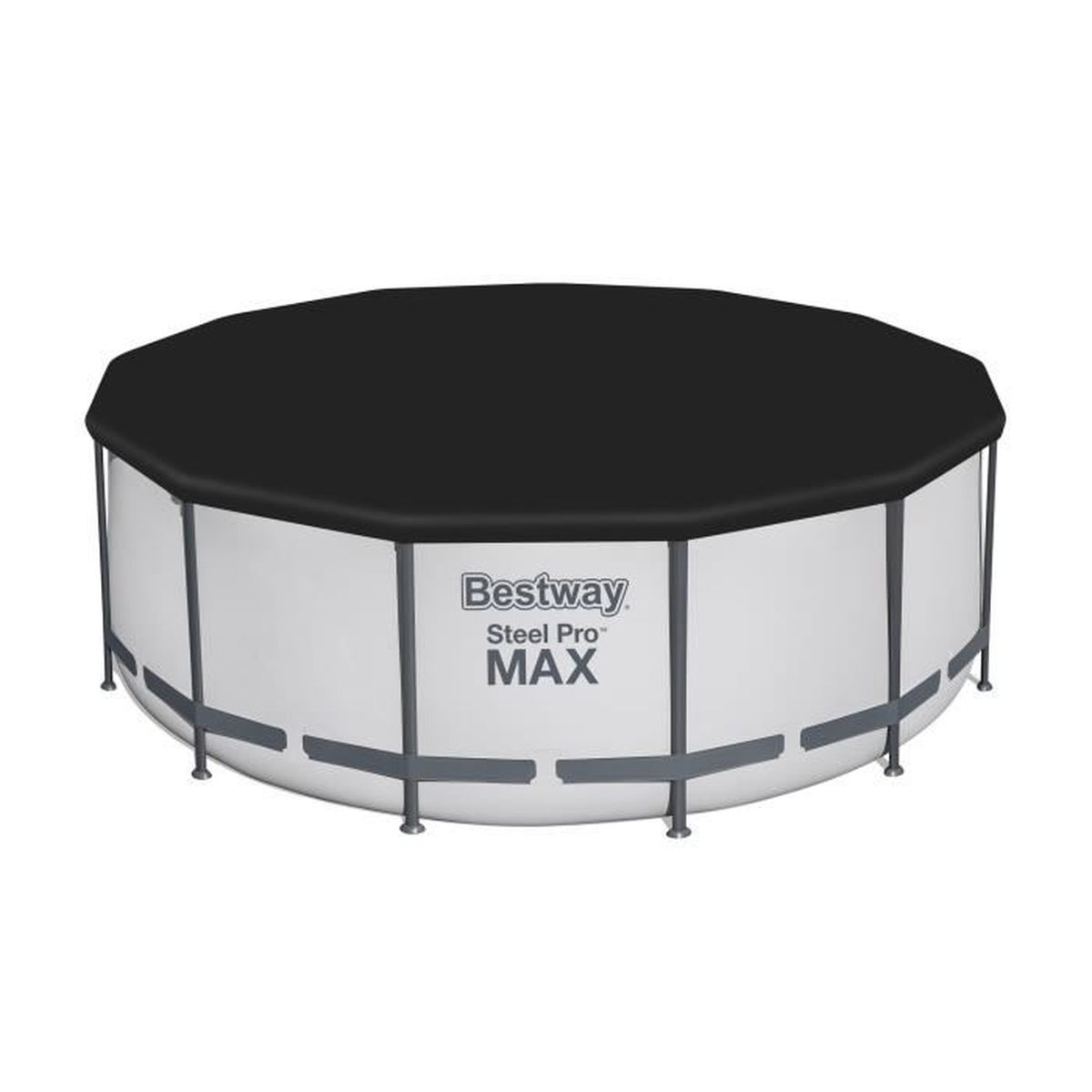 Okrągły basen Bestway Steel Pro Max z czarną pokrywą.