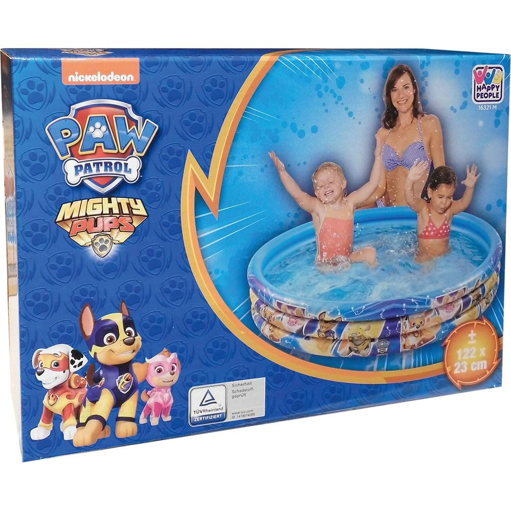 Verpackung für ein Paw Patrol Planschbecken mit Kindern und Hunden.