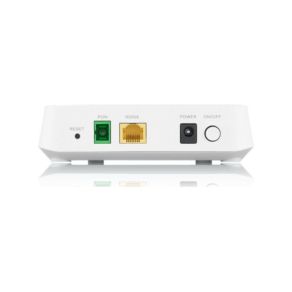 Routeur blanc avec ports reset, PON, 10GbE, alimentation et on/off. Fond propre.