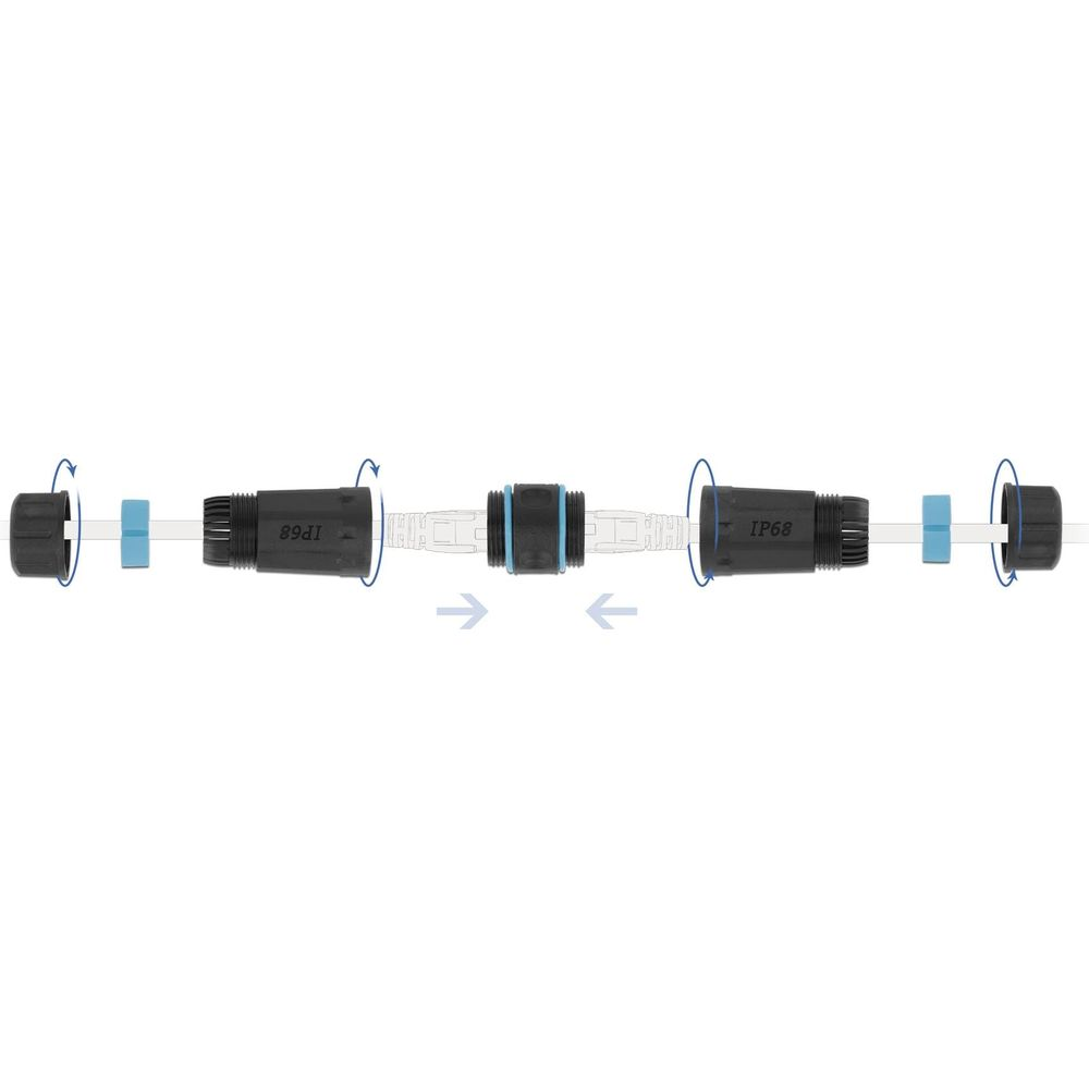 Connettore nero IP68 con anelli blu e frecce che indicano la connessione.